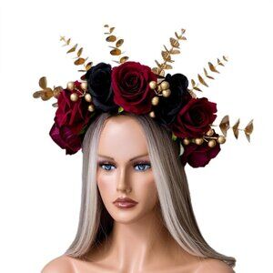 Burgundy Rose Flower Crown Floral Headband Wedding Festival Costume Accessory